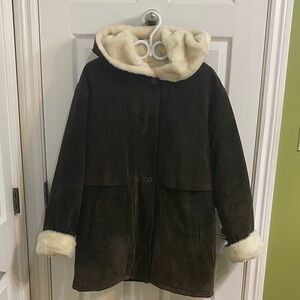 J.G. HOOK Brown SUEDE LEATHER Faux FUR LINED COAT Y2K Vintage Jacket Hood Large